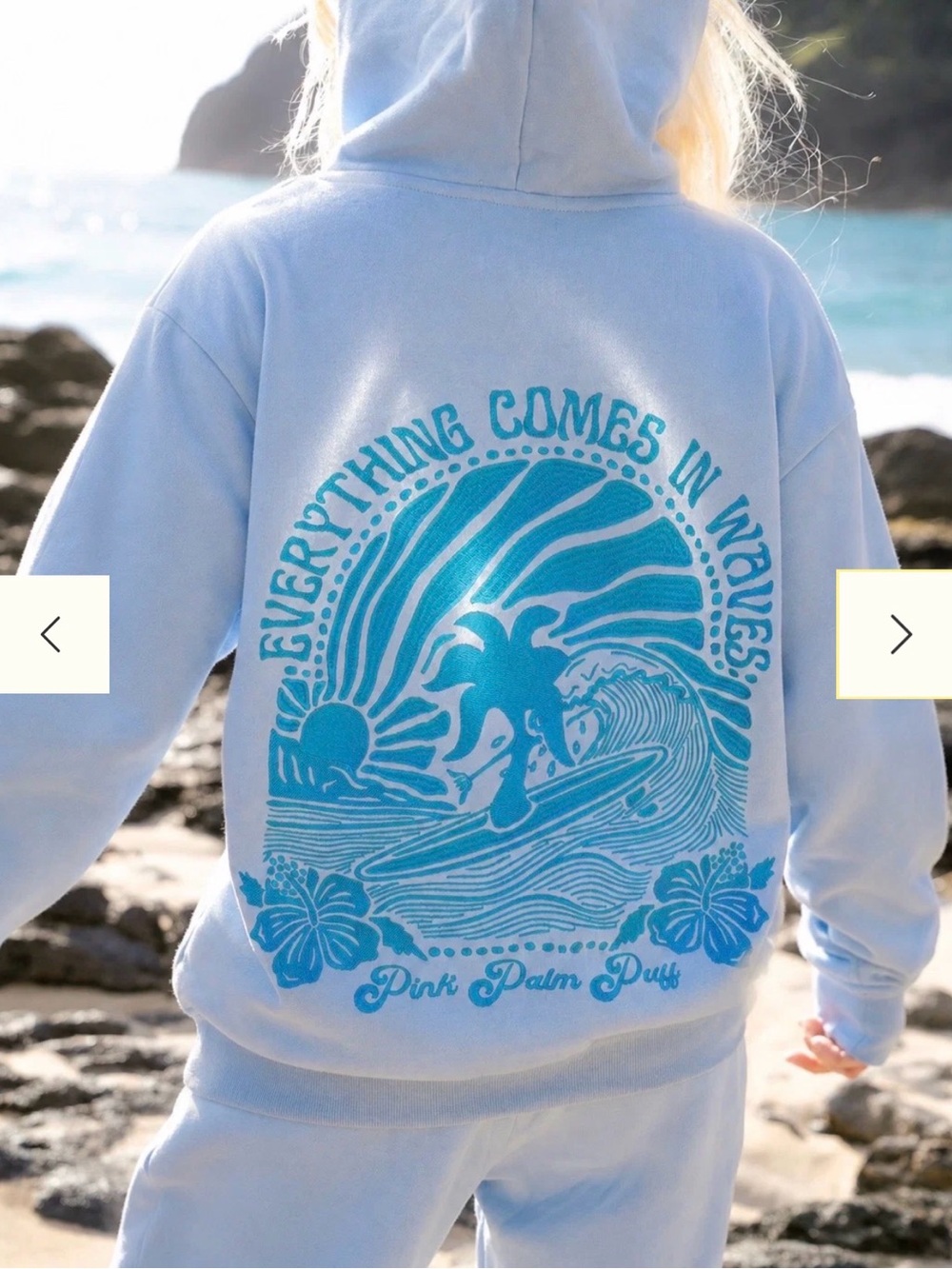 Pink Palm Puff “ Everything comes in waves” blue hoodie size medium
